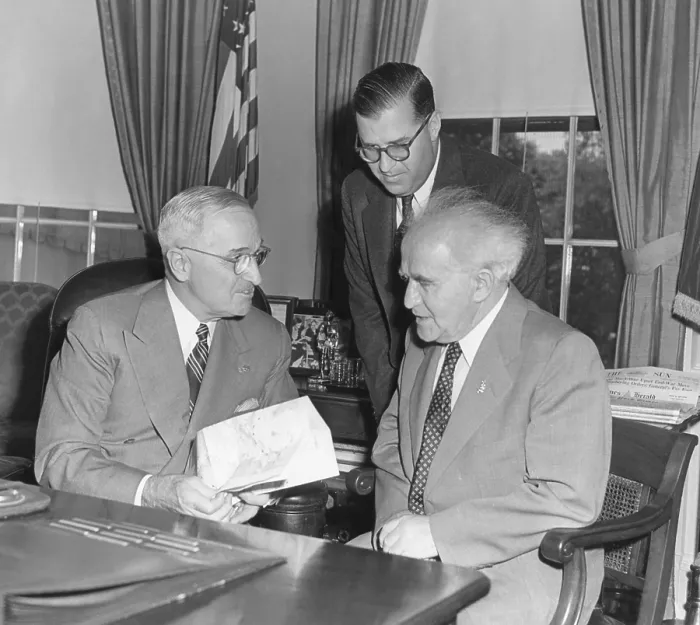 Framed Print : President Harry Truman meeting with PM David Ben-Gurion (seated) and Ambassador Abba Eban of Israel. May 8, 1951. - (BSLOC_2014_15_33)