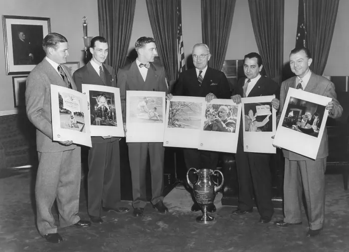 Framed Print : President Harry Truman with photographers and their winning photographs