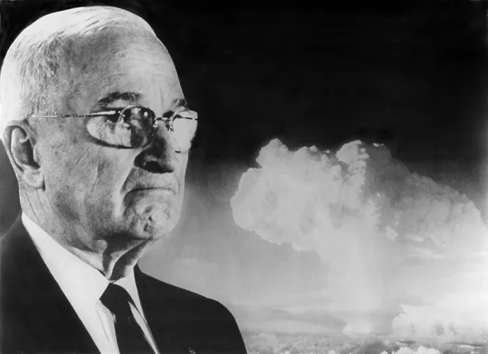Framed Print : Former President Harry Truman in photomontage with an atomic bomb mushroom cloud