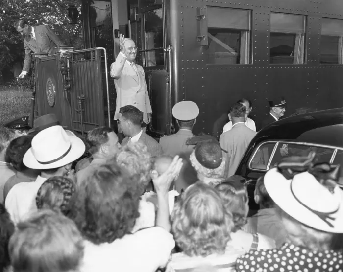 Framed Print : President Harry Truman on the Presidential train at a campaign stop in Willard, Missouri. July 5, 1948. - (BSLOC_2014_15_53)