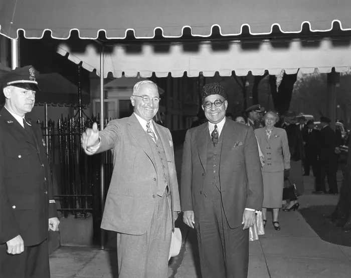 Framed Print : President Harry Truman and Prime Minister Liaquat Ali Khan of Pakistan in Washington, D.C. In background is First Lady Bess Truman. May, 3, 1950. - (BSLOC_2014_15_32)