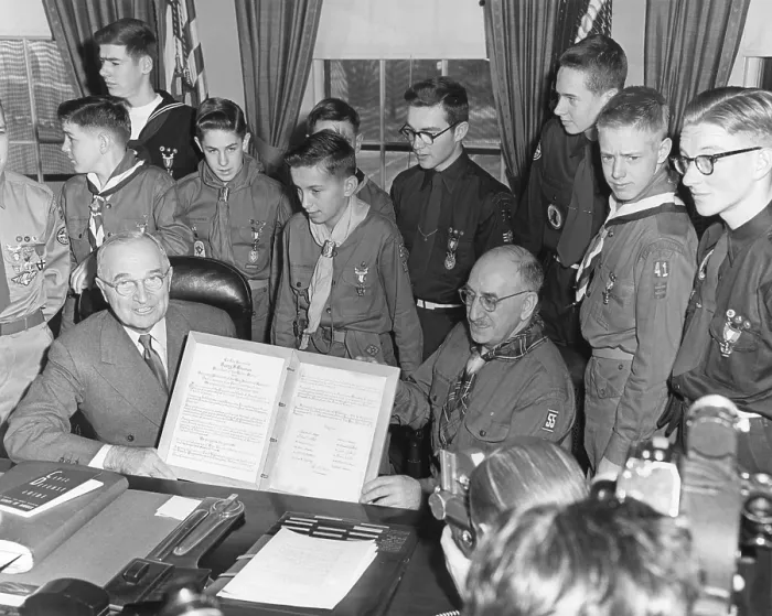 Framed Print : President Harry Truman receives a Report to the Nation from a group of Boy Scouts. Feb. 6, 1951. - (BSLOC_2014_15_87) Framed Print : President Harry Truman receives a Report to the Nation from a group of Boy Scouts. Feb. 6, 1951. - (BSLOC_2014_15_87)