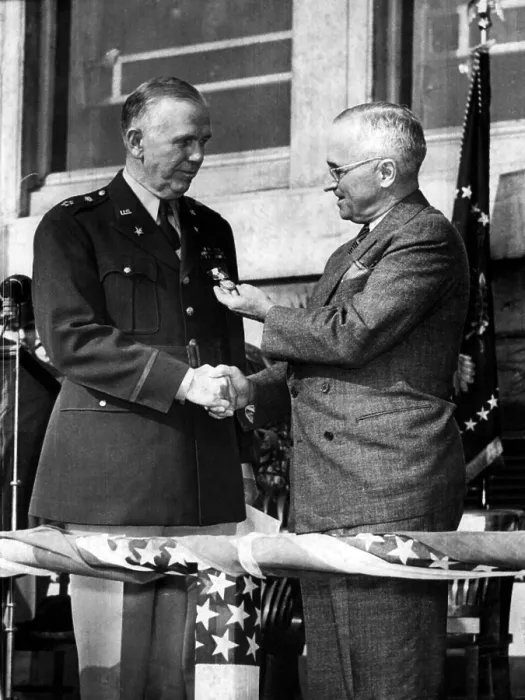 Framed Print : President Harry Truman (right), awarding a Distinguished Service Medal to General George C. Marshall in the Pentagon Courtyard, Washington D.C. November 26, 1945 Framed Print : President Harry Truman (right), awarding a Distinguished Service Medal to General George C. Marshall in the Pentagon Courtyard, Washington D.C. November 26, 1945