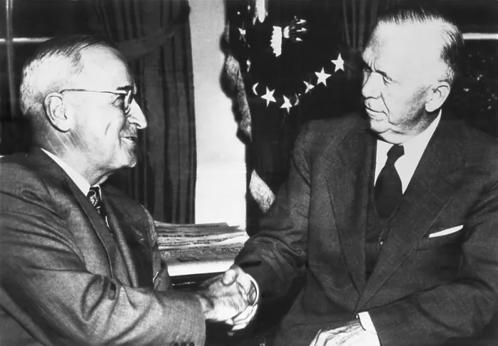 Framed Print : President Harry Truman shakes hands with Sec. of State George Marshall