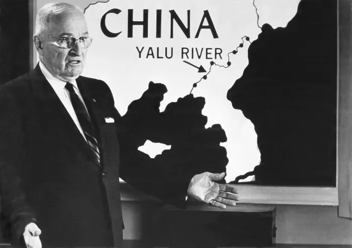 Framed Print : Former President Harry Truman speaks before a map of the Yalu River, which formed the border between North Korea and China