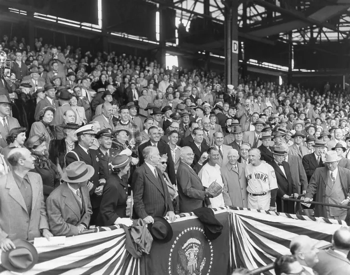 Framed Print : President Harry Truman about to throw the first ball at the 1951 of the season at Griffith Stadium. April 20, 1950. With the President are: Mrs Framed Print : President Harry Truman about to throw the first ball at the 1951 of the season at Griffith Stadium. April 20, 1950. With the President are: Mrs