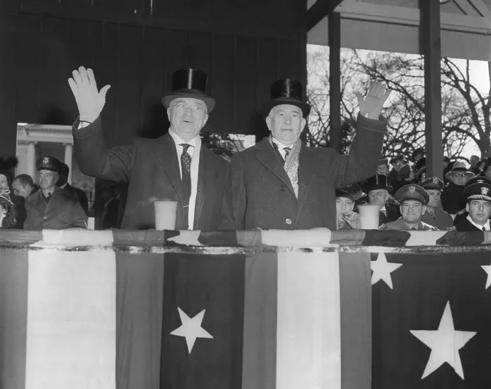 Framed Print : President Harry Truman and VP Alben Barkley wave to cameras during the Inaugural parade. Jan. 20, 1949. - (BSLOC_2014_15_61) Framed Print : President Harry Truman and VP Alben Barkley wave to cameras during the Inaugural parade. Jan. 20, 1949. - (BSLOC_2014_15_61)
