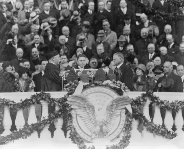 Framed Print : President Herbert Hoover (1874-1964), takes the oath of office from Chief Justice William H. Taft (1857-1930), on the east portico of the U.S. Capitol, March 4, 1929
