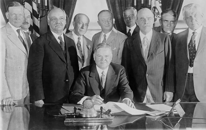 Framed Print : President Herbert Hoover (1874-1964) signing a Farm Relief Bill, in June 1929, witnessed by nine leaders in Congress