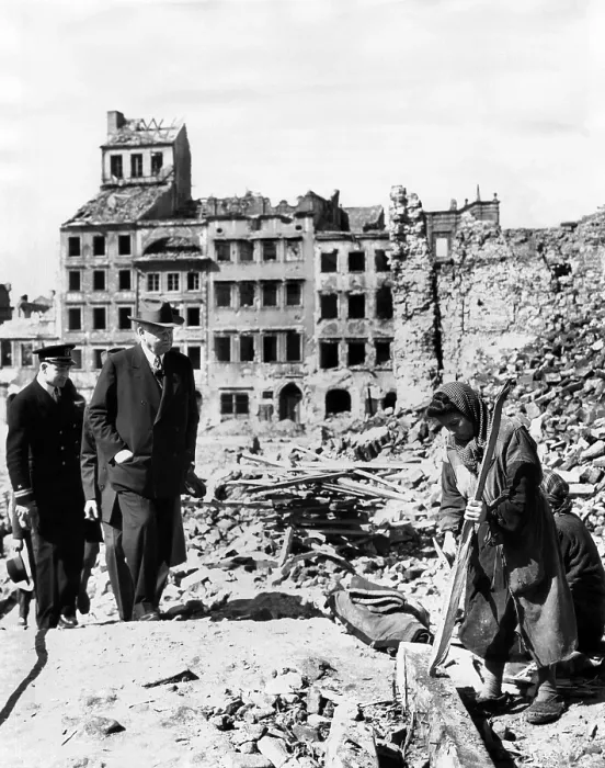 Framed Print : Former President Herbert Hoover tours devastated Poland, Warsaw. He witnessed women collecting firewood in the rubble during his survey of the post WW II the food supplies