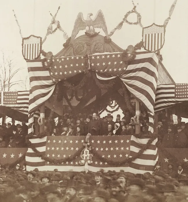 Framed Print : President James Garfield viewing inauguration ceremonies, March 4, 1881. On right, seated, are outgoing President Rutherford Hayes and his wife Lucy