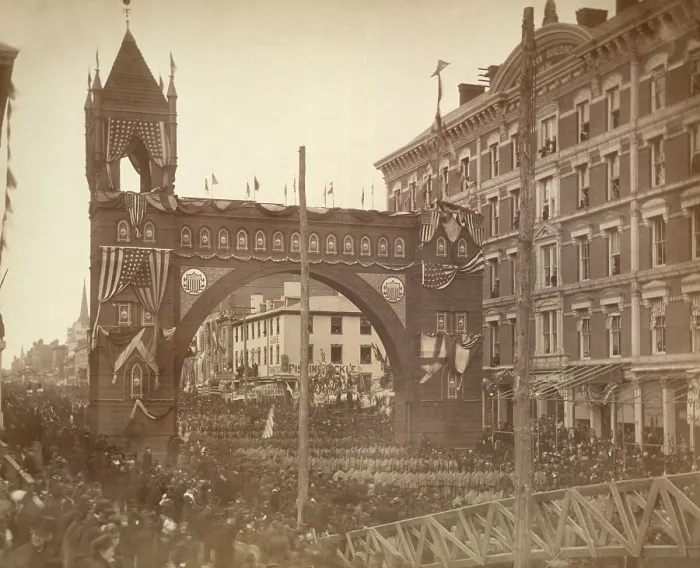 Framed Print : President James Garfields inaugural parade, March 4, 1881. Soldiers march through the Grand Arch near the Treasury building on Pennsylvania Avenue