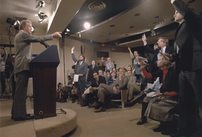 Framed Print : President Jimmy Carter at his 44th White House Presidential Press Conference. 1978