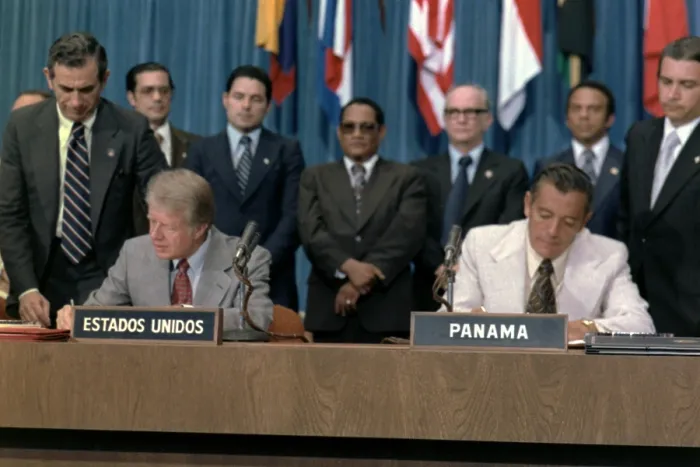 Framed Print : President Jimmy Carter and General Omar Torrijos signing the Panama Canal Treaty. Washington, D.C. September 7, 1977