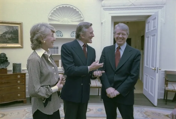 Framed Print : President Jimmy Carter greets actor Kirk Douglas and his wife Mrs. Anne Buydens Douglas. March 16 1978