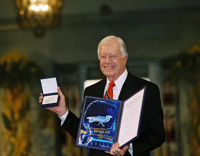 Framed Print : Former President Jimmy Carter at Oslo City Hall, where he was awarded the Nobel Peace Prize, Dec. 10, 2002