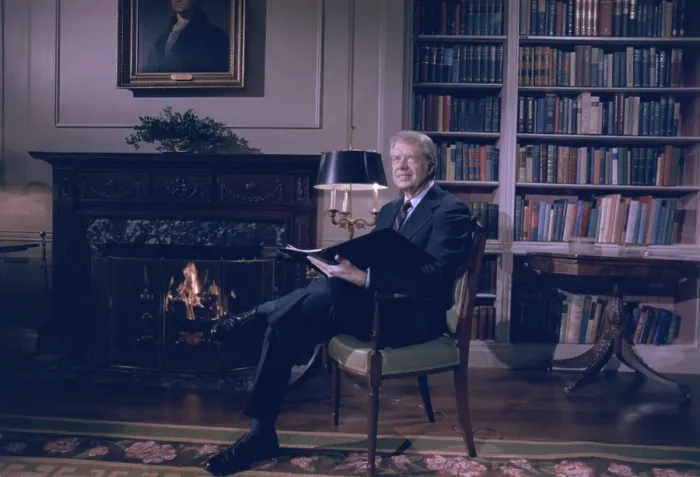 Framed Print : President Jimmy Carter at the White House holding a fireside chat to appeal for public support for the Panama Canal Treaty which was successfully ratified by the Senate a few
