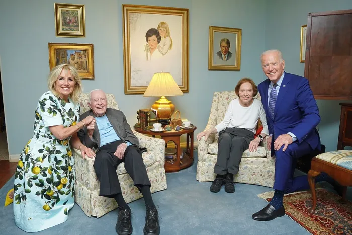 Framed Print : Former president Jimmy Carter and his wife, Rosalynn, at home with their visitors, President Joe Biden and First Lady Jill Biden, April 29, 2021 Framed Print : Former president Jimmy Carter and his wife, Rosalynn, at home with their visitors, President Joe Biden and First Lady Jill Biden, April 29, 2021