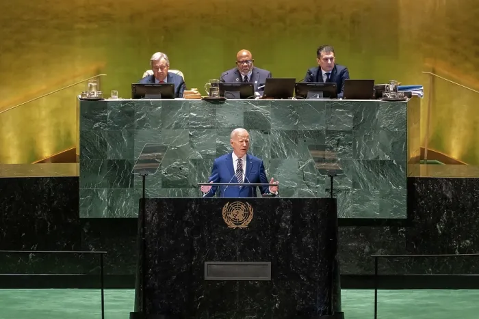 Framed Print : President Joe Biden addresses the 78th session of the United Nations General Assembly, Sept. 19, 2023 in New York City. (BSLOC_2023_8_60) Framed Print : President Joe Biden addresses the 78th session of the United Nations General Assembly, Sept. 19, 2023 in New York City. (BSLOC_2023_8_60)