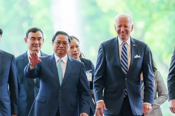 Framed Print : President Joe Biden arrives at the Office of Government in Hanoi, Vietnam, Sept. 11, 2023 and greets Prime Minister of the Socialist Republic of Vietnam Pham Minh Chnh