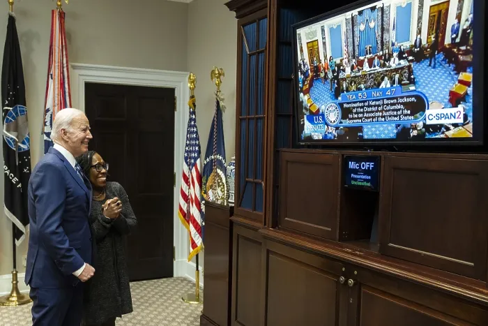 Framed Print : President Joe Biden and Associate Supreme Court Nominee, Ketanji Brown Jackson, watch a video monitor as the US Senate votes for her confirmation, April 7, 2022. (BSLOC_2022_3_5) Framed Print : President Joe Biden and Associate Supreme Court Nominee, Ketanji Brown Jackson, watch a video monitor as the US Senate votes for her confirmation, April 7, 2022. (BSLOC_2022_3_5)