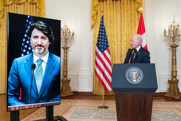 Framed Print : President Joe Biden attends a virtual meeting with Canadian Prime Minister Justin Trudeau, Feb