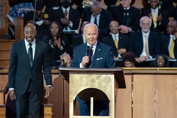 Framed Print : President Joe Biden delivers a 25 minute sermon at New Horizon Sanctuary of the Ebenezer Baptist Church, on Martin Luther Kings birthday, Jan. 15, 2023, in Atlanta, Georgia