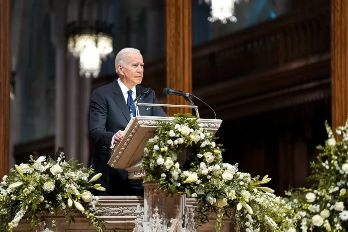 Framed Print : President Joe Biden delivers the eulogy for former Secretary of State Madeline Albright. At her state funeral he praised her as a force of nature