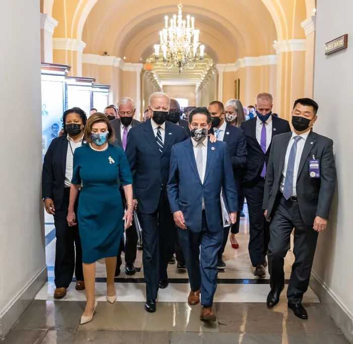 Framed Print : President Joe Biden is escorted at the US Capitol by Democratic House leadership, before addressing the House Democratic Caucus, Oct. 28, 2021