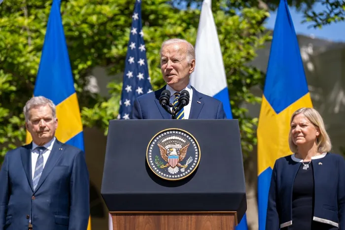 Framed Print : President Joe Biden, with Finland President Sauli Niinist and Swedish PM Magdalena Andersson, before initiating US Congressional approval of their nations NATO membership