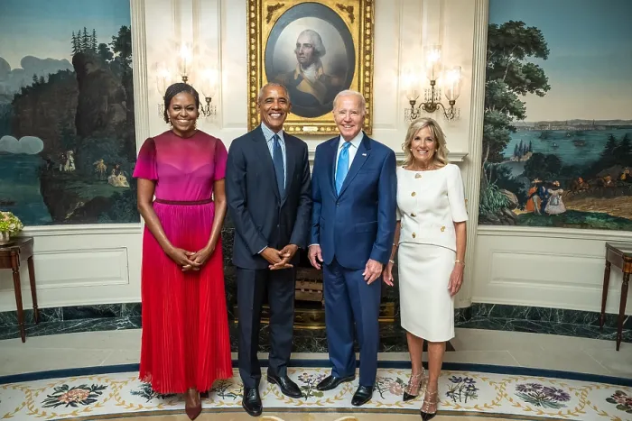Framed Print : President Joe Biden and First Lady Jill Biden pose for photos with former President Barack Obama and former First Lady Michelle Obama, Sept