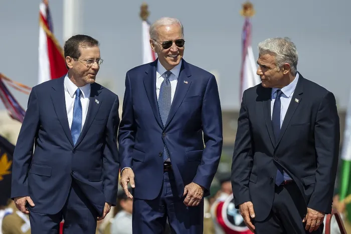 Framed Print : President Joe Biden, is flanked by Israeli President Isaac Herzog (right), during the arrival ceremony, at Ben Gurion Airport in Tel Aviv, Israel, July 13, 2022. (BSLOC_2022_6_25)