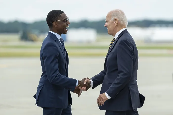 Framed Print : President Joe Biden is greeted by Mayor Justin Bibb as he arrives at Cleveland, Ohio, July 6, 2022