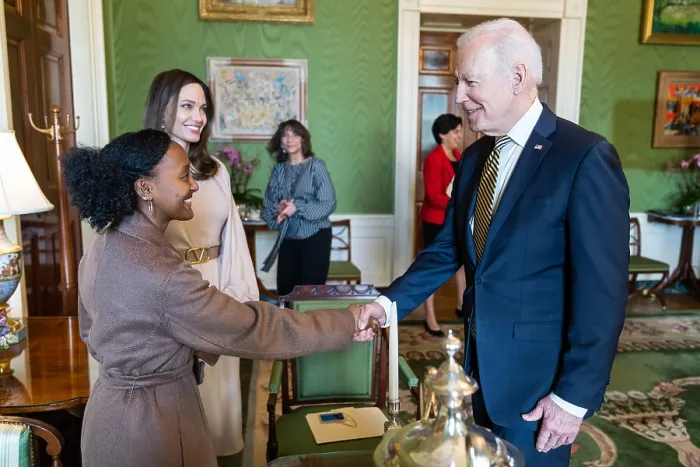 Framed Print : President Joe Biden greets actress and advocate, Angelina Jolie and her daughter Zahara Marley Jolie-Pitt, March 16, 2022 Framed Print : President Joe Biden greets actress and advocate, Angelina Jolie and her daughter Zahara Marley Jolie-Pitt, March 16, 2022