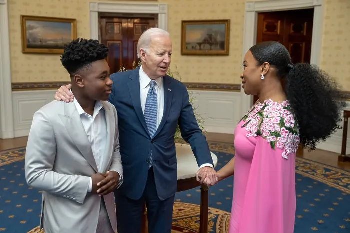 Framed Print : President Joe Biden greets cast members Jalyn Hall and Danielle Deadwyler before a screening of the movie Till, in the White House Blue Room, Feb. 16, 2023