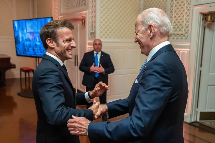 Framed Print : President Joe Biden greets French President Emmanuel Macron, Sept. 21, 2022, at the Global Fund Seventh Replenishment Conference in New York