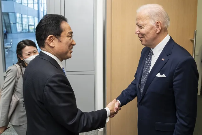 Framed Print : President Joe Biden greets Japanese Prime Minister Fumio Kishida on March 24, 2022. Both were attending an emergency G7 meeting, prompted by Russia's invasion of Ukraine