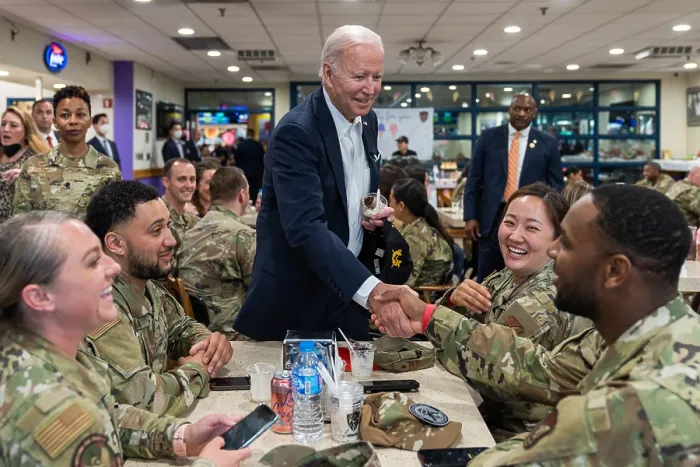 Framed Print : President Joe Biden greets members of the US Air Force 51st Fighter Wing and their families at the MiG Alley Bowling Center, Osan Air Base in Seoul, South Korea, May 22, 2022 Framed Print : President Joe Biden greets members of the US Air Force 51st Fighter Wing and their families at the MiG Alley Bowling Center, Osan Air Base in Seoul, South Korea, May 22, 2022