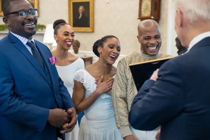 Framed Print : President Joe Biden greets members of the Alvin Ailey Dance Theater at the White House, where they performed as part of Black History Month celebrations, Feb Framed Print : President Joe Biden greets members of the Alvin Ailey Dance Theater at the White House, where they performed as part of Black History Month celebrations, Feb