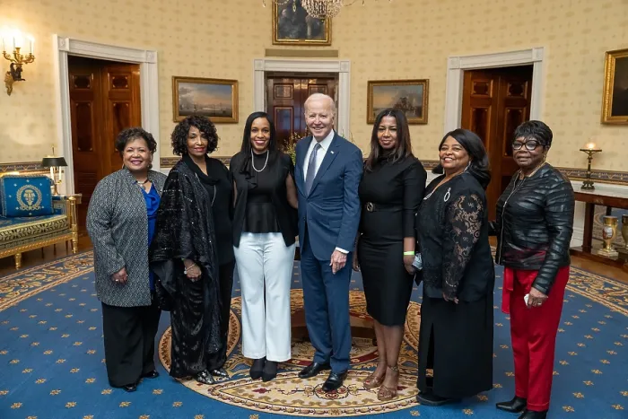 Framed Print : President Joe Biden greets members of Emmett Till's family before a screening of the movie Till, Feb. 16, 2023, in the White House Blue Room