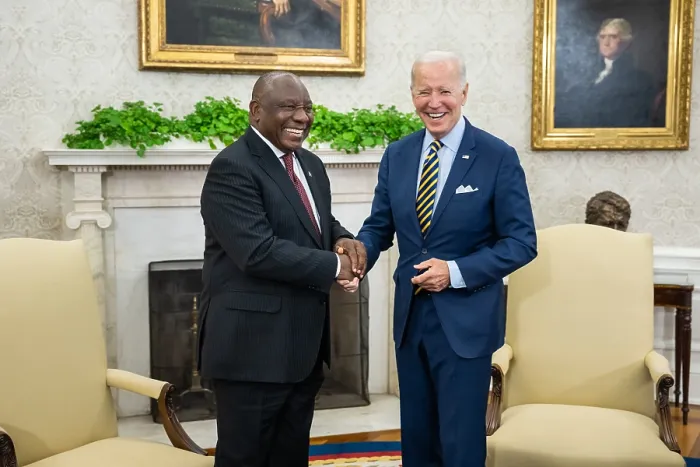 Framed Print : President Joe Biden greets South African President Cyril Ramaphosa. As an anti-Apartheid and labor activist, he served time in prison in the 1970s Framed Print : President Joe Biden greets South African President Cyril Ramaphosa. As an anti-Apartheid and labor activist, he served time in prison in the 1970s
