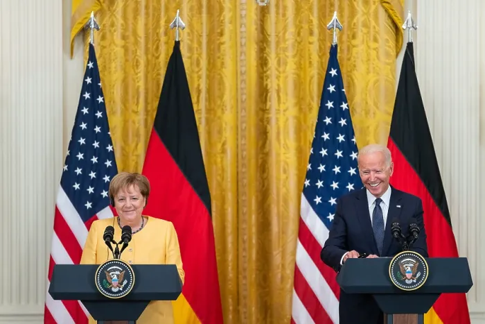 Framed Print : President Joe Biden holds a joint press conference with retiring German Chancellor Angela Merkel on July 15, 2021, in the White House East Room (BSLOC_2021_14_10)