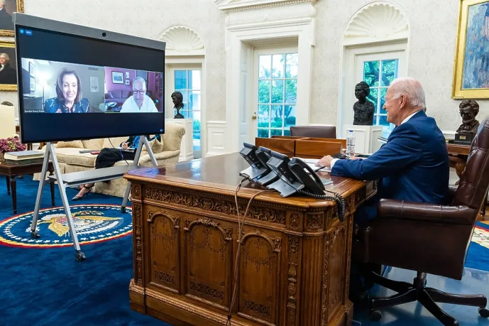 Framed Print : President Joe Biden holds a virtual meeting with House Speaker Nancy Pelosi, and Senate Majority Leader Charles Schumer, Sept, 16, 2021