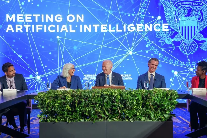 Framed Print : President Joe Biden hosts a meeting on Artificial Intelligence, June 20, 2023, at the Fairmont Hotel in San Francisco. To Biden's left, is California Governor, Gavin Newsom