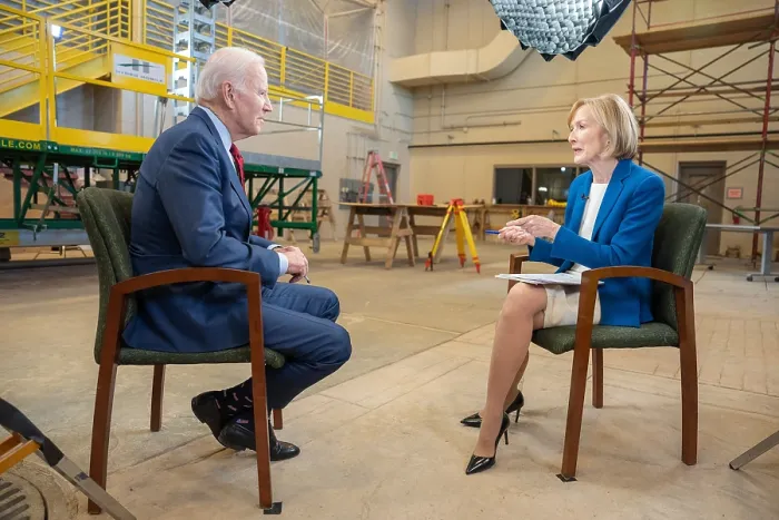 Framed Print : President Joe Biden is interviewed by Judy Woodruff of PBS News, February 8, 2023, at the LiUNA Training Center in DeForest, Wisconsin. (BSLOC_2023_6_43)