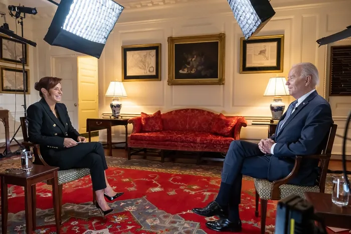 Framed Print : President Joe Biden is interviewed by Stephanie Ruhle of MSNBC's The 11th Hour with Stephanie Ruhle, May 5, 2023, at the White House. (BSLOC_2023_6_42)
