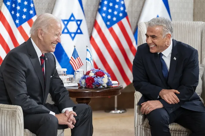 Framed Print : President Joe Biden and Israeli Prime Minister Yair Lapid pose for photographers against a backdrop of American and Israeli flags in Jerusalem, July 14, 2022. (BSLOC_2022_6_29) Framed Print : President Joe Biden and Israeli Prime Minister Yair Lapid pose for photographers against a backdrop of American and Israeli flags in Jerusalem, July 14, 2022. (BSLOC_2022_6_29)
