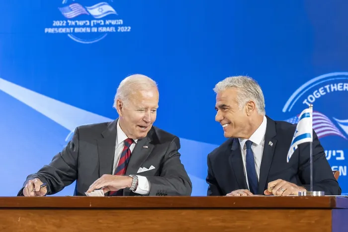 Framed Print : President Joe Biden and Israeli Prime Minister Yair Lapid sign The Jerusalem US - Israel Strategic Partnership Joint Declaration, July 14, 2022
