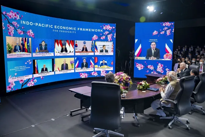Framed Print : President Joe Biden, joined by Japanese PM Kishida Fumio and Indian PM Narendra Modi, launch virtual meeting for the Indo-Pacific Economic Framework for Prosperity (IPEF) aka