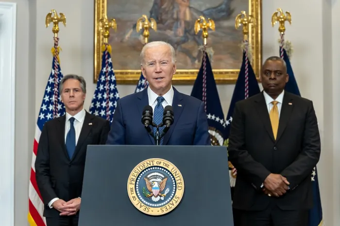 Framed Print : President Joe Biden, joined by Sec. of State Antony Blinken and Defense Sec. Lloyd Austin, speaks for continued support of Ukraine, Jan